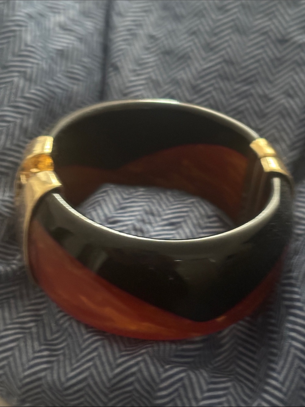 Neiman Marcus Black and Amber Resin Hinged Bangle with Gold Accents